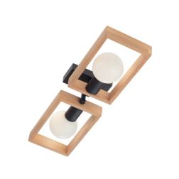 TIMBER PLAFONIERA 2 LUCI VINTAGE IN LEGNO NATURALE E METALLO NERO CON LAMPADINE A VISTA E27