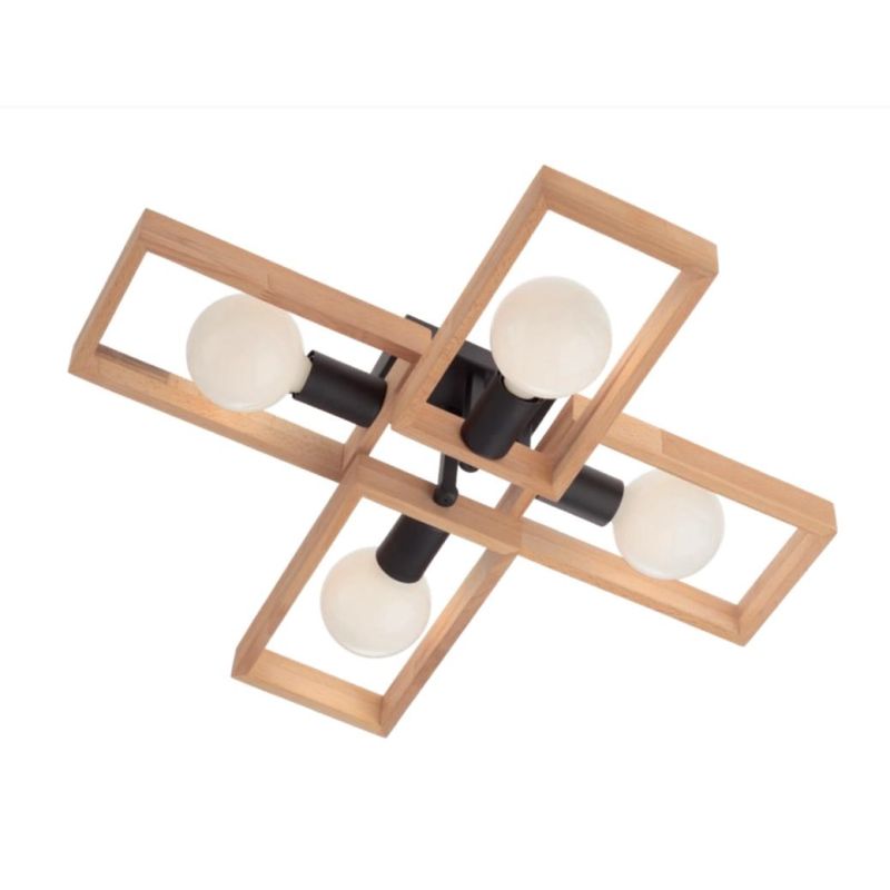 TIMBER PLAFONIERA 4 LUCI VINTAGE IN LEGNO NATURALE E METALLO NERO CON LAMPADINE A VISTA E27