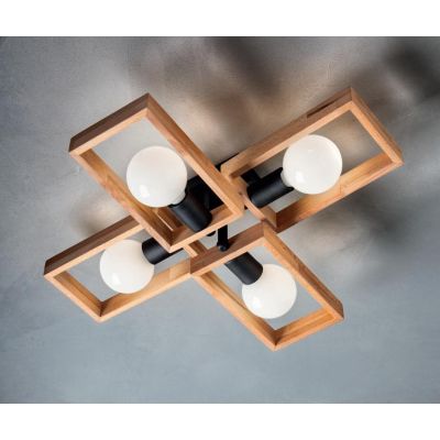 TIMBER PLAFONIERA 4 LUCI VINTAGE IN LEGNO NATURALE E METALLO NERO CON LAMPADINE A VISTA E27