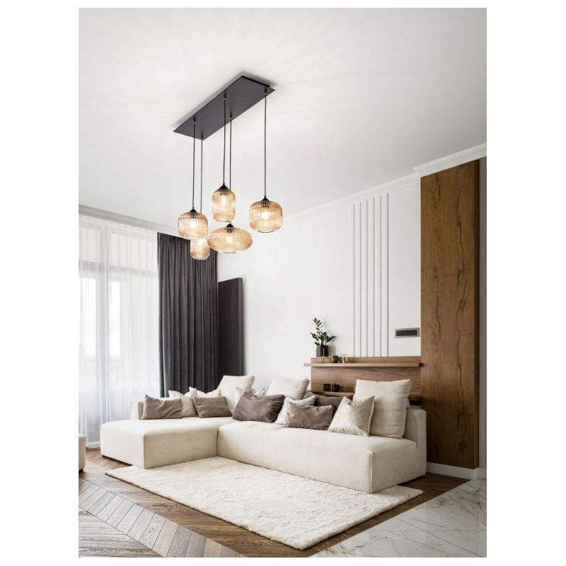 3627-48 GILLIS LAMPADARIO IN SOSPENSIONE IN VETRO RIGATO 5 PUNTI LUCE AMBRA FUME DI FABAS LUCE Fabas Luce - Cristalensi Shop Onl