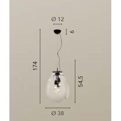 SOSPENSIONE NERA CON DIFFUSORE IN VETRO SOFFIATO TRASPARENTE D38 E D48 CM MODERNA