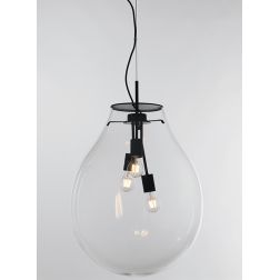 SOSPENSIONE NERA CON DIFFUSORE IN VETRO SOFFIATO TRASPARENTE D38 E D48 CM MODERNA