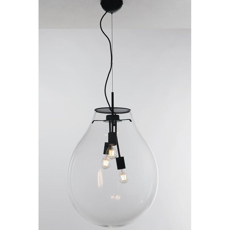 SOSPENSIONE NERA CON DIFFUSORE IN VETRO SOFFIATO TRASPARENTE D38 E D48 CM MODERNA