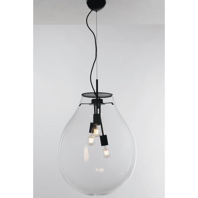 SOSPENSIONE NERA CON DIFFUSORE IN VETRO SOFFIATO TRASPARENTE D38 E D48 CM MODERNA