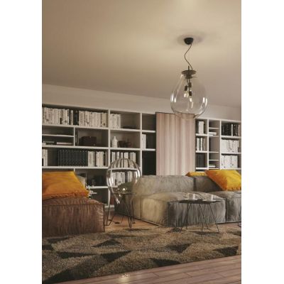 SOSPENSIONE NERA CON DIFFUSORE IN VETRO SOFFIATO TRASPARENTE D38 E D48 CM MODERNA