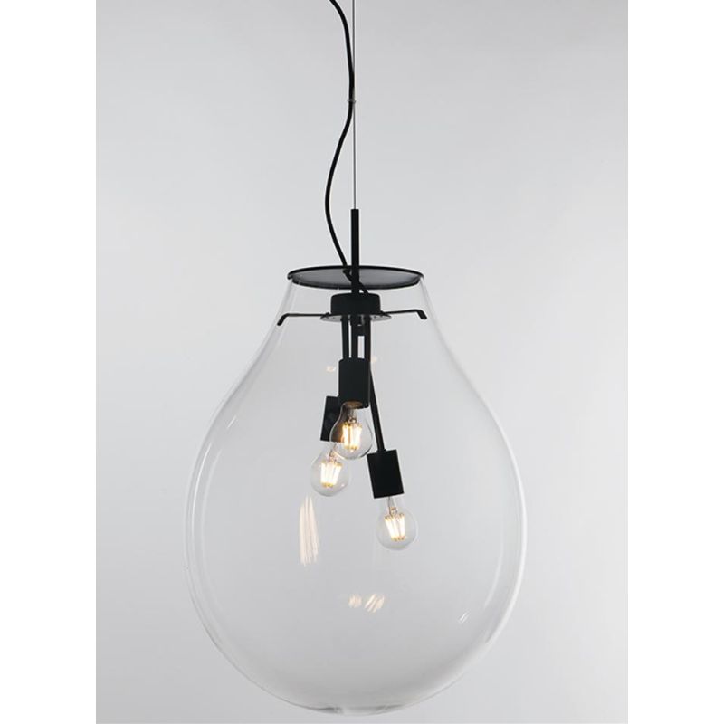 SOSPENSIONE NERA CON DIFFUSORE IN VETRO SOFFIATO TRASPARENTE D38 E D48 CM MODERNA