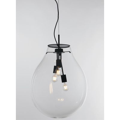 SOSPENSIONE NERA CON DIFFUSORE IN VETRO SOFFIATO TRASPARENTE D38 E D48 CM MODERNA