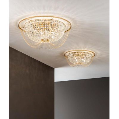 PLAFONIERA ELEGANTE CLASSICA CROMO O ORO 2 MISURE CON CRISTALLI DECORATIVI LAMPADINE ATTACCO E14