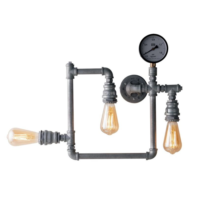 AMARCORD APPLIQUE PLAFONIERA 3 LUCI VINTAGE METALLO RUGGINE O ZINCATO CON TUBI METALLICI LAMPADINE E27