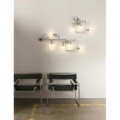 AMARCORD APPLIQUE PLAFONIERA 3 LUCI VINTAGE METALLO RUGGINE O ZINCATO CON TUBI METALLICI LAMPADINE E27