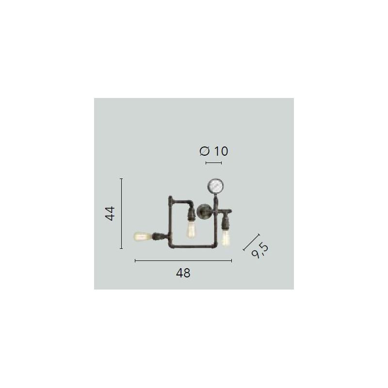 AMARCORD APPLIQUE PLAFONIERA 3 LUCI VINTAGE METALLO RUGGINE O ZINCATO CON TUBI METALLICI LAMPADINE E27