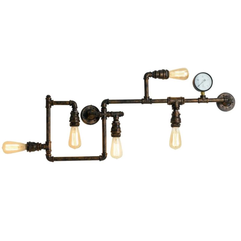 AMARCORD APPLIQUE PLAFONIERA 5 LUCI VINTAGE METALLO RUGGINE O ZINCATO CON TUBI METALLICI LAMPADINE E27