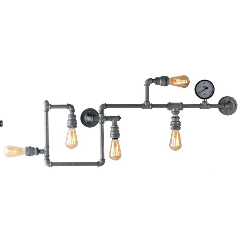 AMARCORD APPLIQUE PLAFONIERA 5 LUCI VINTAGE METALLO RUGGINE O ZINCATO CON TUBI METALLICI LAMPADINE E27