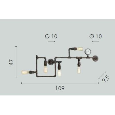 AMARCORD APPLIQUE PLAFONIERA 5 LUCI VINTAGE METALLO RUGGINE O ZINCATO CON TUBI METALLICI LAMPADINE E27