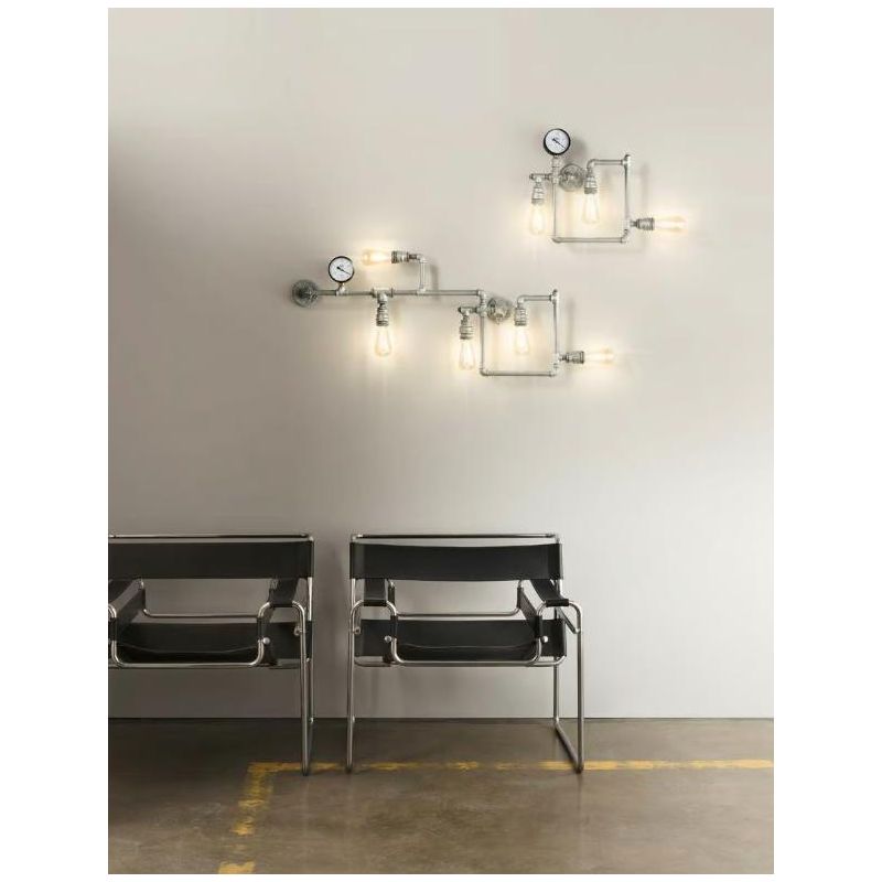 AMARCORD APPLIQUE PLAFONIERA 5 LUCI VINTAGE METALLO RUGGINE O ZINCATO CON TUBI METALLICI LAMPADINE E27