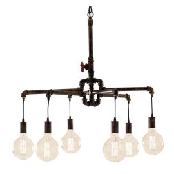 AMARCORD SOSPENSIONE 6 LUCI VINTAGE METALLO RUGGINE O ZINCATO CON TUBI METALLICI LAMPADINE E27 2