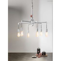 AMARCORD SOSPENSIONE 6 LUCI VINTAGE METALLO RUGGINE O ZINCATO CON TUBI METALLICI LAMPADINE E27