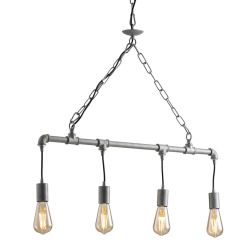 AMARCORD SOSPENSIONE 4 LUCI VINTAGE METALLO RUGGINE O ZINCATO CON TUBI METALLICI LAMPADINE E27 2