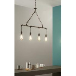 AMARCORD SOSPENSIONE 4 LUCI VINTAGE METALLO RUGGINE O ZINCATO CON TUBI METALLICI LAMPADINE E27