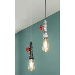 AMARCORD SOSPENSIONE SINGOLA VINTAGE METALLO RUGGINE O ZINCATO CON TUBO METALLICO LAMPADINA E27