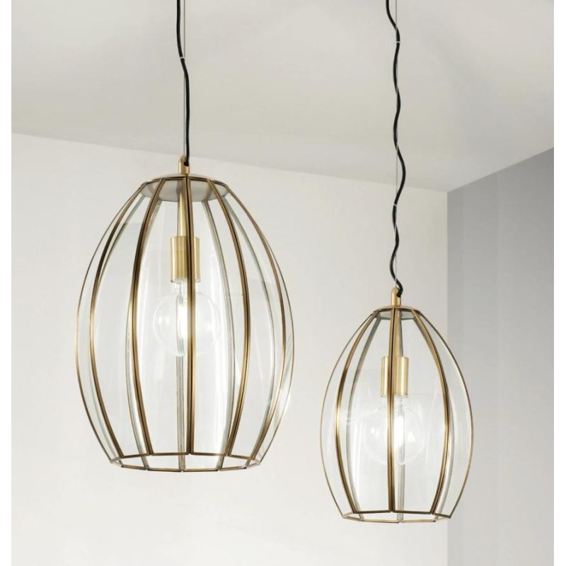 SOSPENSIONE VINTAGE 2 MISURE IN VETRO TRASPARENTE E METALLO OTTONE LAMPADINA ATTACCO E27