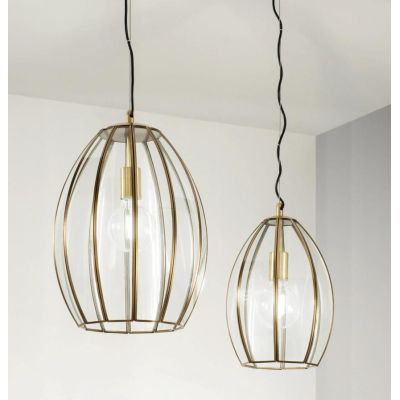 SOSPENSIONE VINTAGE 2 MISURE IN VETRO TRASPARENTE E METALLO OTTONE LAMPADINA ATTACCO E27