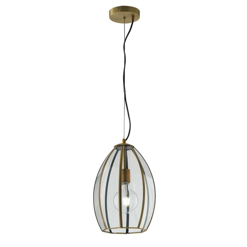 SOSPENSIONE VINTAGE 2 MISURE IN VETRO TRASPARENTE E METALLO OTTONE LAMPADINA ATTACCO E27