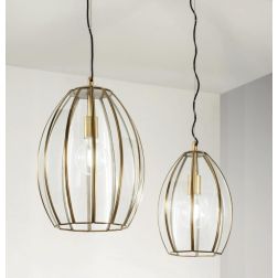 SOSPENSIONE VINTAGE 2 MISURE IN VETRO TRASPARENTE E METALLO OTTONE LAMPADINA ATTACCO E27