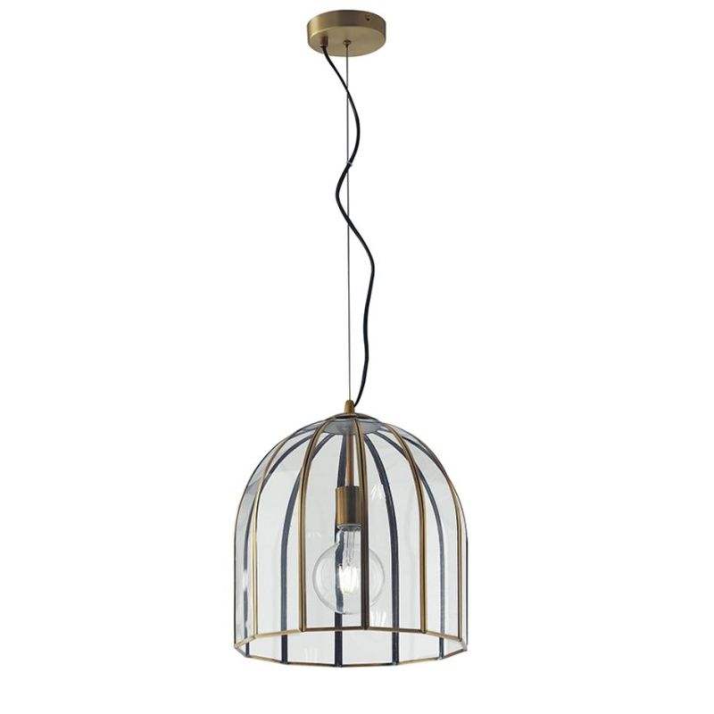 SOSPENSIONE VINTAGE A CAMPANA IN VETRO TRASPARENTE E METALLO OTTONE LAMPADINA ATTACCO E27