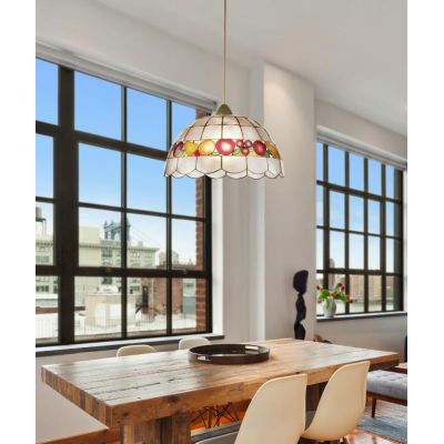 SOSPENSIONE STILE TIFFANY IN MADREPERLA DECORO FRUTTA D40 CM LAMPADINA ATTACCO E27