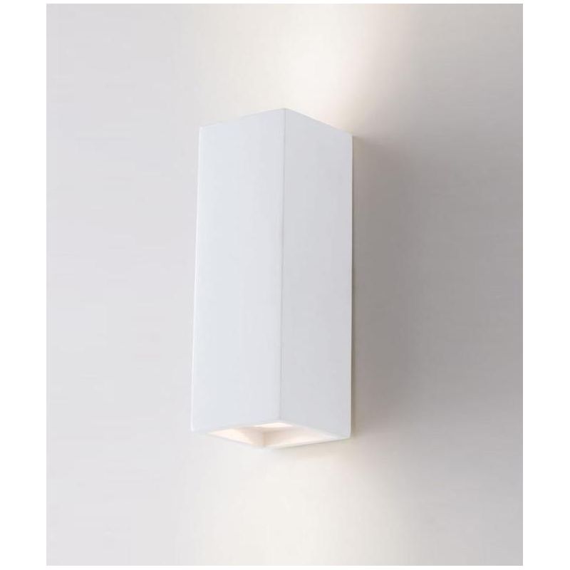 FOSTER APPLIQUE PARALLELEPIPEDO IN GESSO BIANCO VERNICIABILE LUCE SOPRA SOTTO LAMPADINE 2XGU10