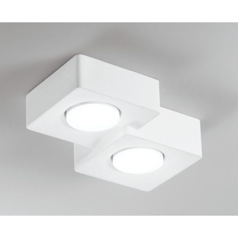 ATHEN PLAFONIERA 2 LUCI QUADRATA IN GESSO BIANCO VERNICIABILE LAMPADINE ATTACCO GX53