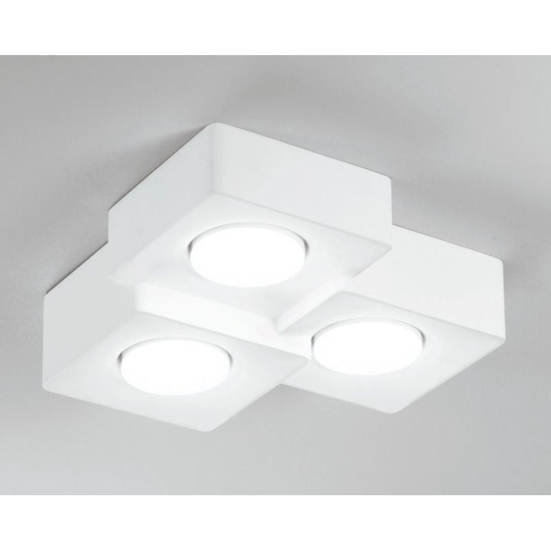 ATHEN PLAFONIERA 3 LUCI QUADRATA IN GESSO BIANCO VERNICIABILE LAMPADINE ATTACCO GX53