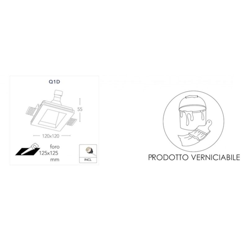 GHOST FARETTO DA INCASSO OBLIQUO IN GESSO BIANCO VERNICIABILE CON LAMPADINA ATTACCO GU10