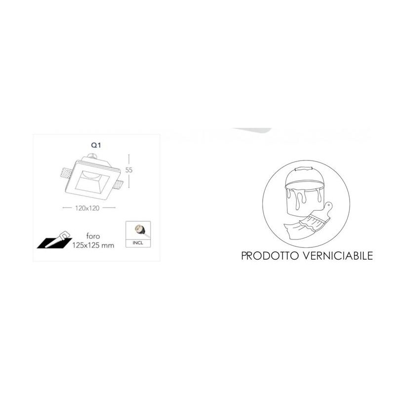 GHOST FARETTO DA INCASSO QUADRATO IN GESSO BIANCO VERNICIABILE CON LAMPADINA ATTACCO GU10