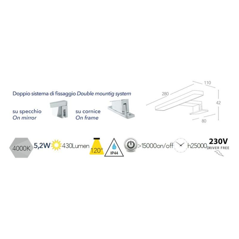 PICCOLA APPLIQUE DA SPECCHIO NERA,BIANCA O CROMO IP44 LED 5,2W LUCE 4000K MODERNA LARGHEZZA CM 28
