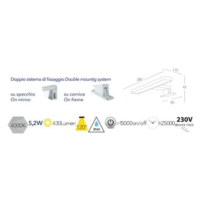 PICCOLA APPLIQUE DA SPECCHIO NERA,BIANCA O CROMO IP44 LED 5,2W LUCE 4000K MODERNA LARGHEZZA CM 28