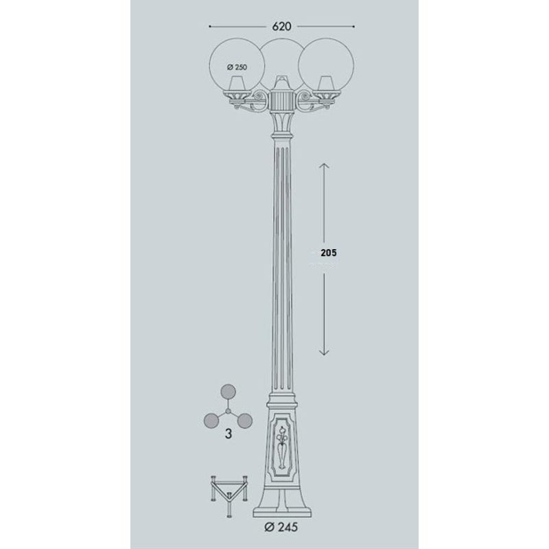 GIGIBISSO G250 LAMPIONE CON 3 DIFFUSORI A GLOBO D25CM IN RESINA NERA ALTEZZA 205 CM IP55