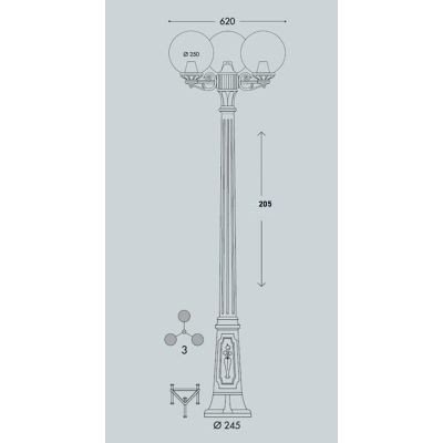 GIGIBISSO G250 LAMPIONE CON 3 DIFFUSORI A GLOBO D25CM IN RESINA NERA ALTEZZA 205 CM IP55