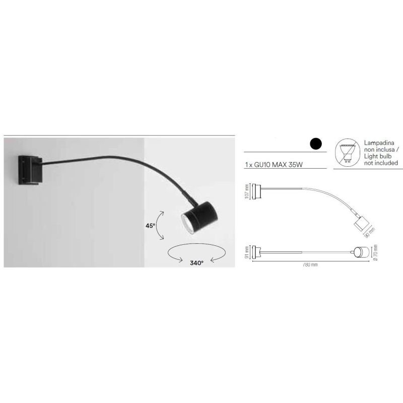 BANNER APPLIQUE ORIENTABILE DA ESTERNO PER INSEGNE O FACCIATE IP55 NERA LAMPADINA GU10