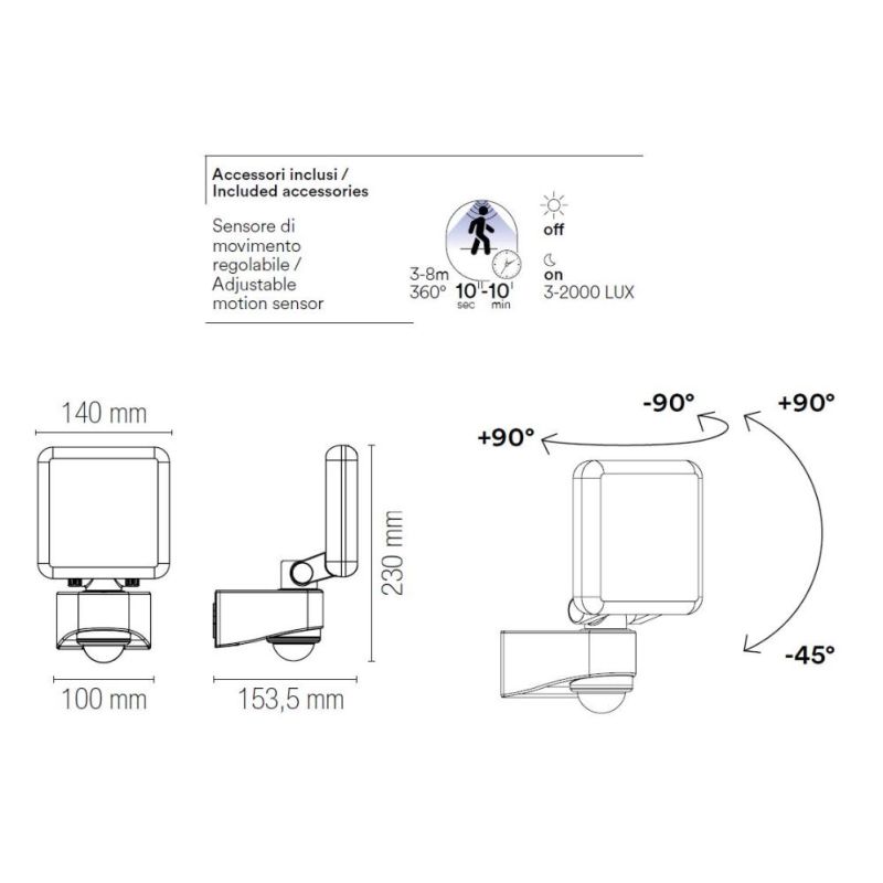 SAT 10 PROIETTORE FARO 1 LUCE ORIENTABILE CON SENSORE MOVIMENTO E CREPUSCOLARE LED 10W IP54 ANTRACITE