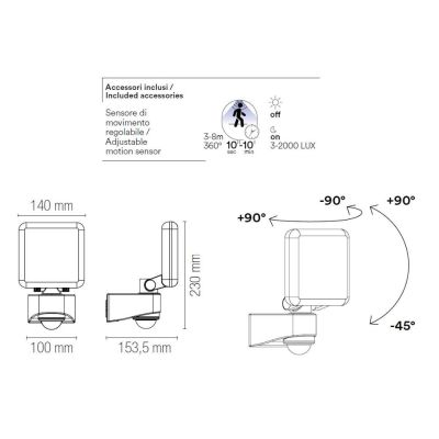 SAT 10 PROIETTORE FARO 1 LUCE ORIENTABILE CON SENSORE MOVIMENTO E CREPUSCOLARE LED 10W IP54 ANTRACITE