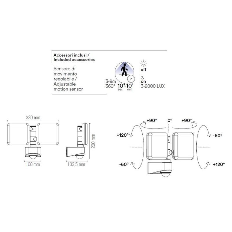 SAT 20 PROIETTORE FARO 2 LUCI ORIENTABILI CON SENSORE MOVIMENTO E CREPUSCOLARE LED 20W IP54 ANTRACITE