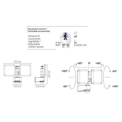 SAT 20 PROIETTORE FARO 2 LUCI ORIENTABILI CON SENSORE MOVIMENTO E CREPUSCOLARE LED 20W IP54 ANTRACITE