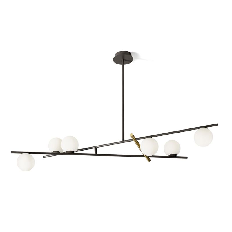KIKA SOSPENSIONE MODERNA 6 LUCI IN METALLO NERO CON SFERE BIANCO LATTE LARGHEZZA CM 105 LAMPADINE G9
