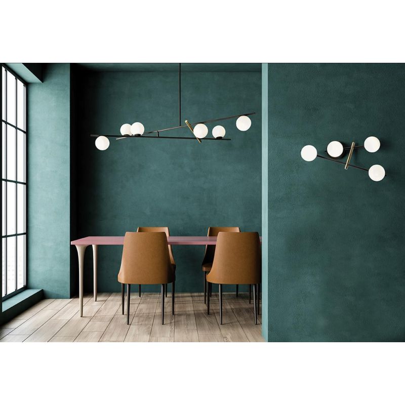 KIKA SOSPENSIONE MODERNA 6 LUCI IN METALLO NERO CON SFERE BIANCO LATTE LARGHEZZA CM 105 LAMPADINE G9