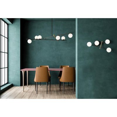 KIKA SOSPENSIONE MODERNA 6 LUCI IN METALLO NERO CON SFERE BIANCO LATTE LARGHEZZA CM 105 LAMPADINE G9