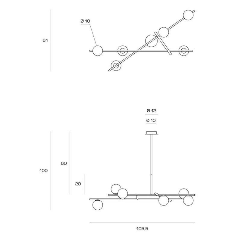 KIKA SOSPENSIONE MODERNA 6 LUCI IN METALLO NERO CON SFERE BIANCO LATTE LARGHEZZA CM 105 LAMPADINE G9