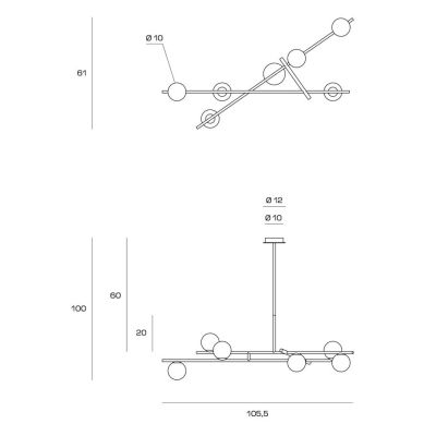 KIKA SOSPENSIONE MODERNA 6 LUCI IN METALLO NERO CON SFERE BIANCO LATTE LARGHEZZA CM 105 LAMPADINE G9