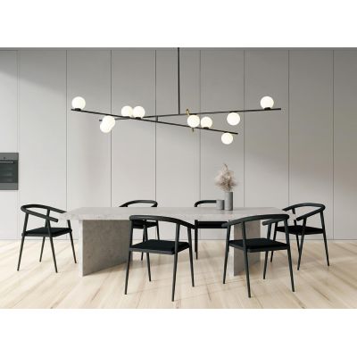KIKA SOSPENSIONE MODERNA 10 LUCI IN METALLO NERO CON SFERE BIANCO LATTE LARGHEZZA CM 148 LAMPADINE G9